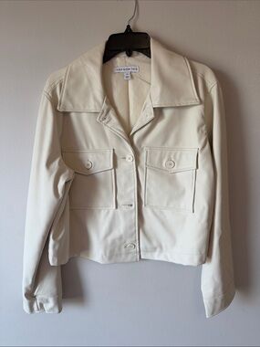 Cream Button-Front faux leather Utility Jacket